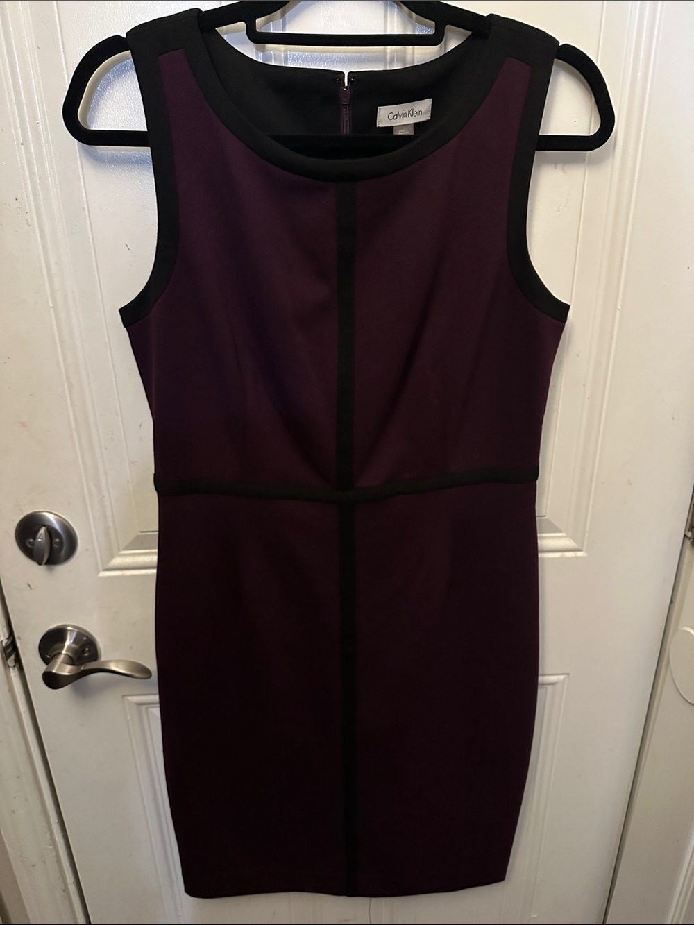 Calvin Klein Deep Plum Midi Sheath Dress with Black Accents size 8